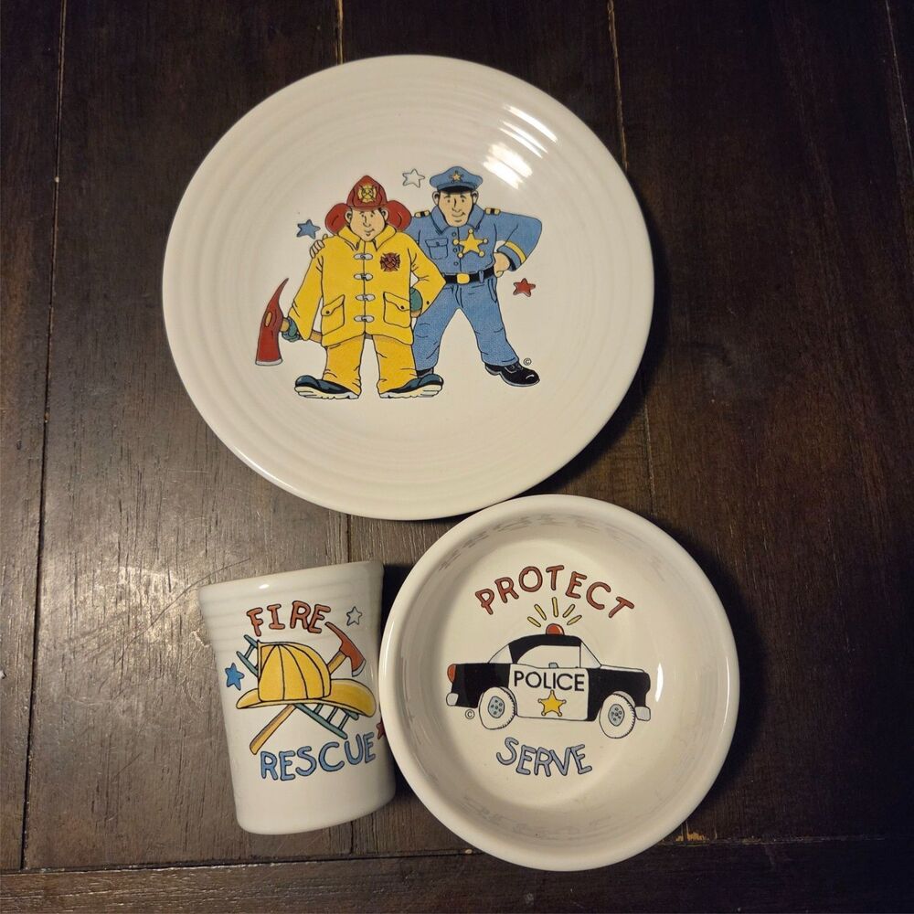 Vintage Fiesta Kids 3pc Dinner Set Plate Bowl Cup Hometown Heroes Police & Fire